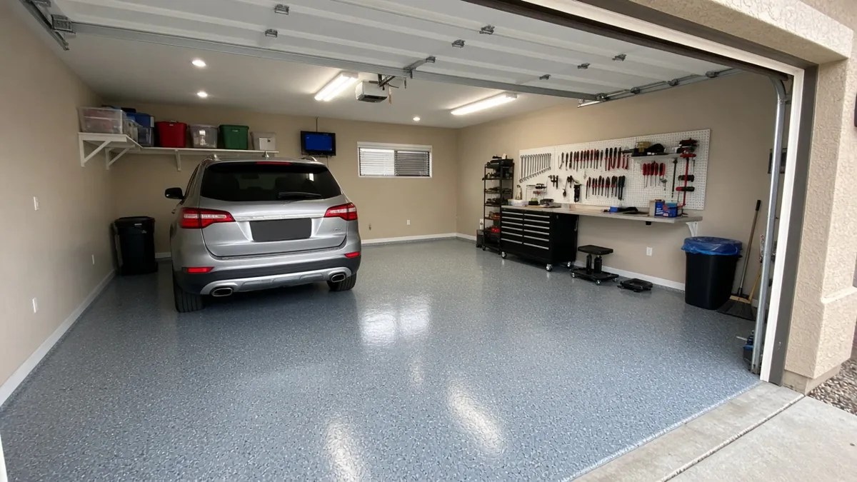 Blue-gray flake garage floor in a modern home
